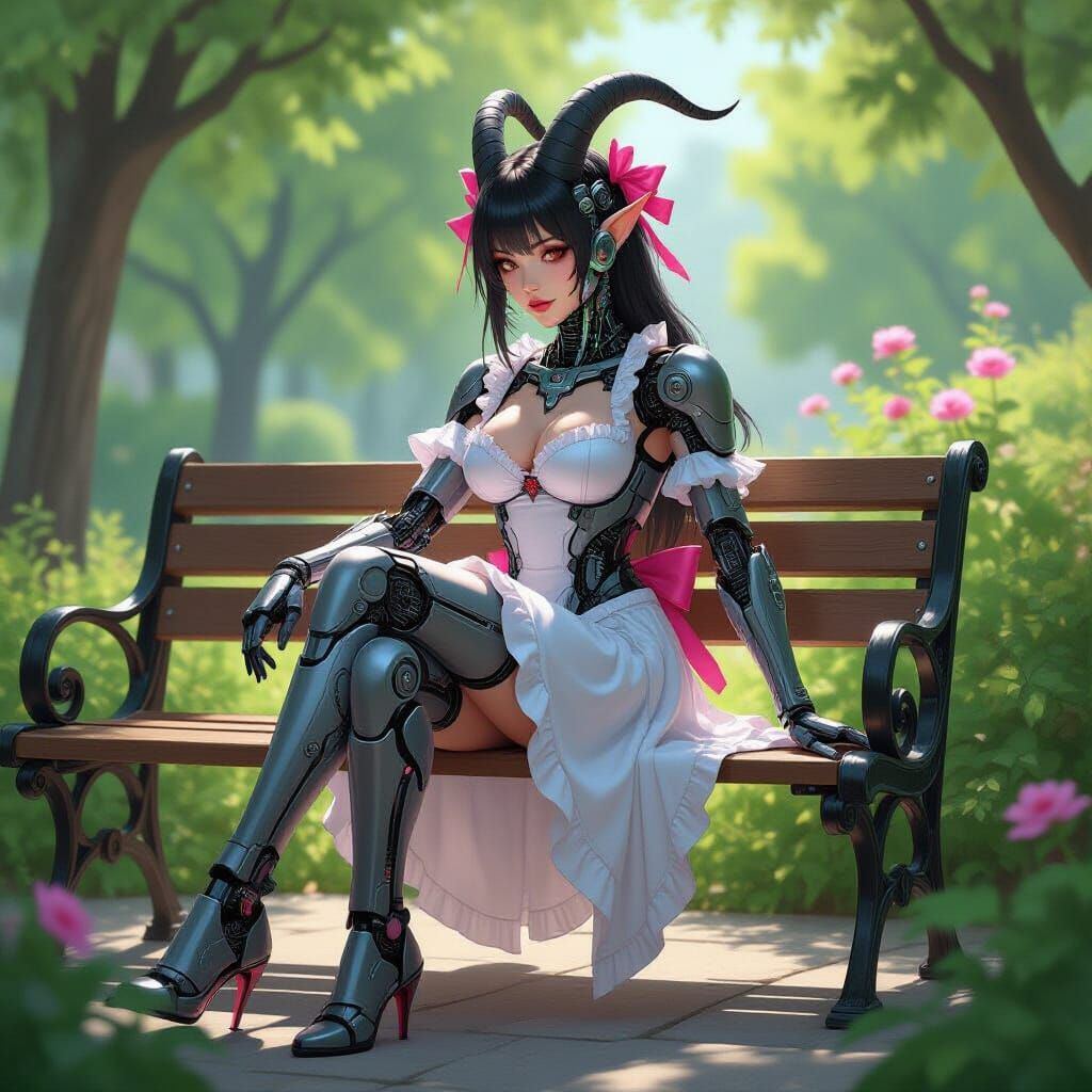 Cyborg Goat-Maid Relaxing in Garden with Cybernetic Details