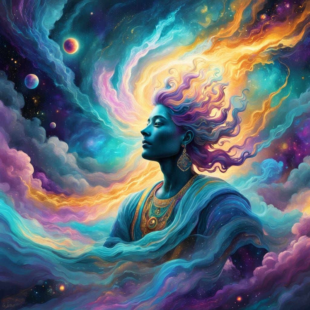 Vibrant Astral Being in Cosmic Mixed Media