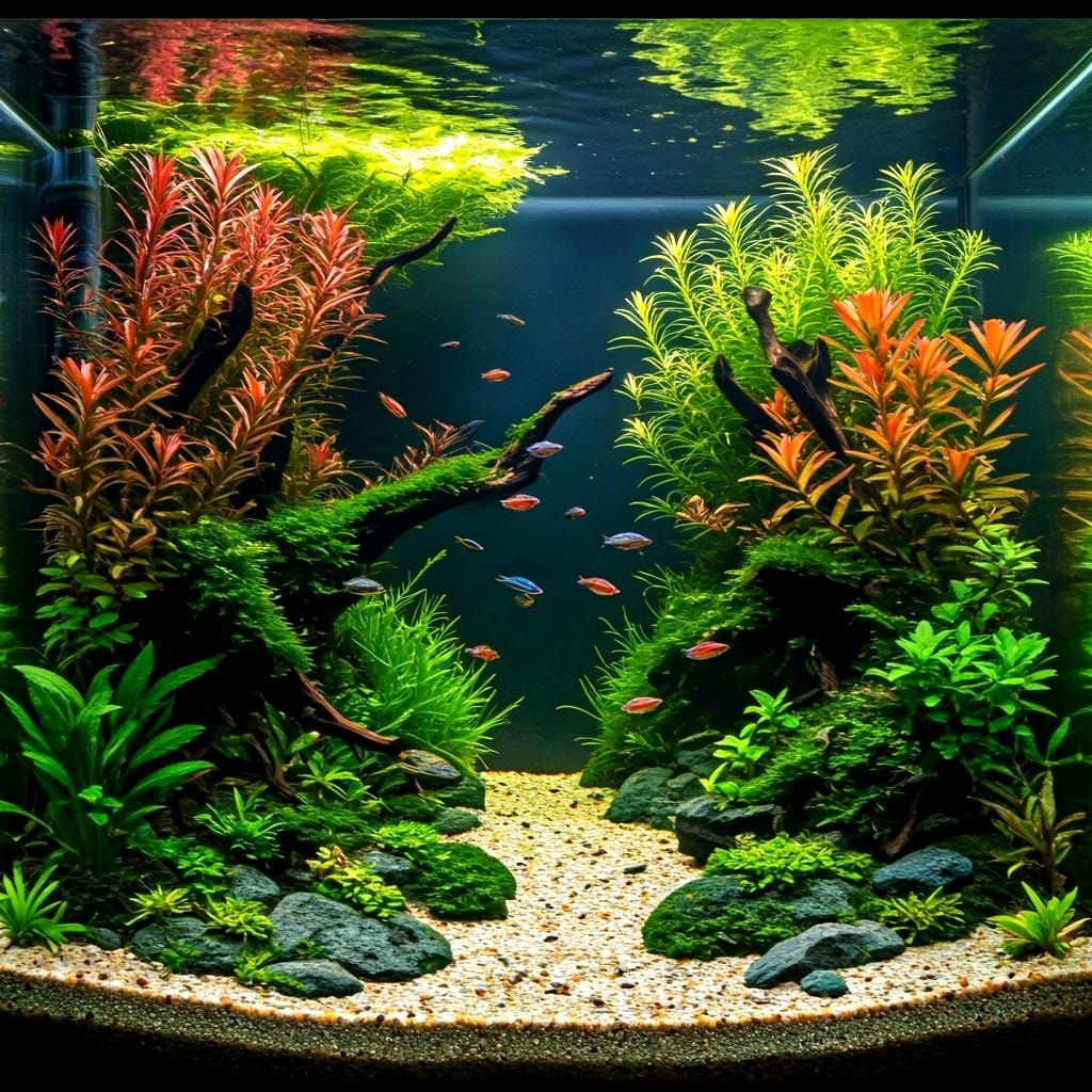 Lush Freshwater Aquarium with Tropical Fish and Mossy Driftw...