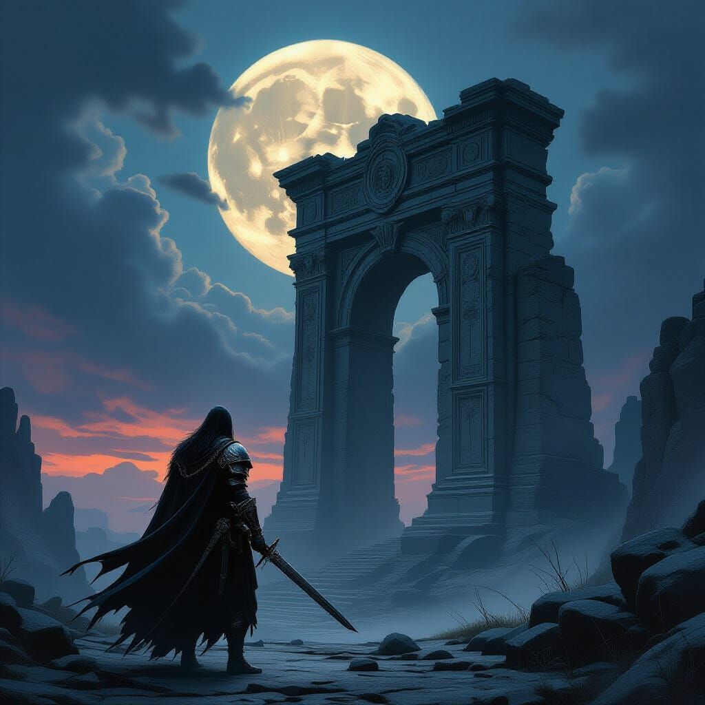 Dark Fantasy Warrior in Ancient Ruin