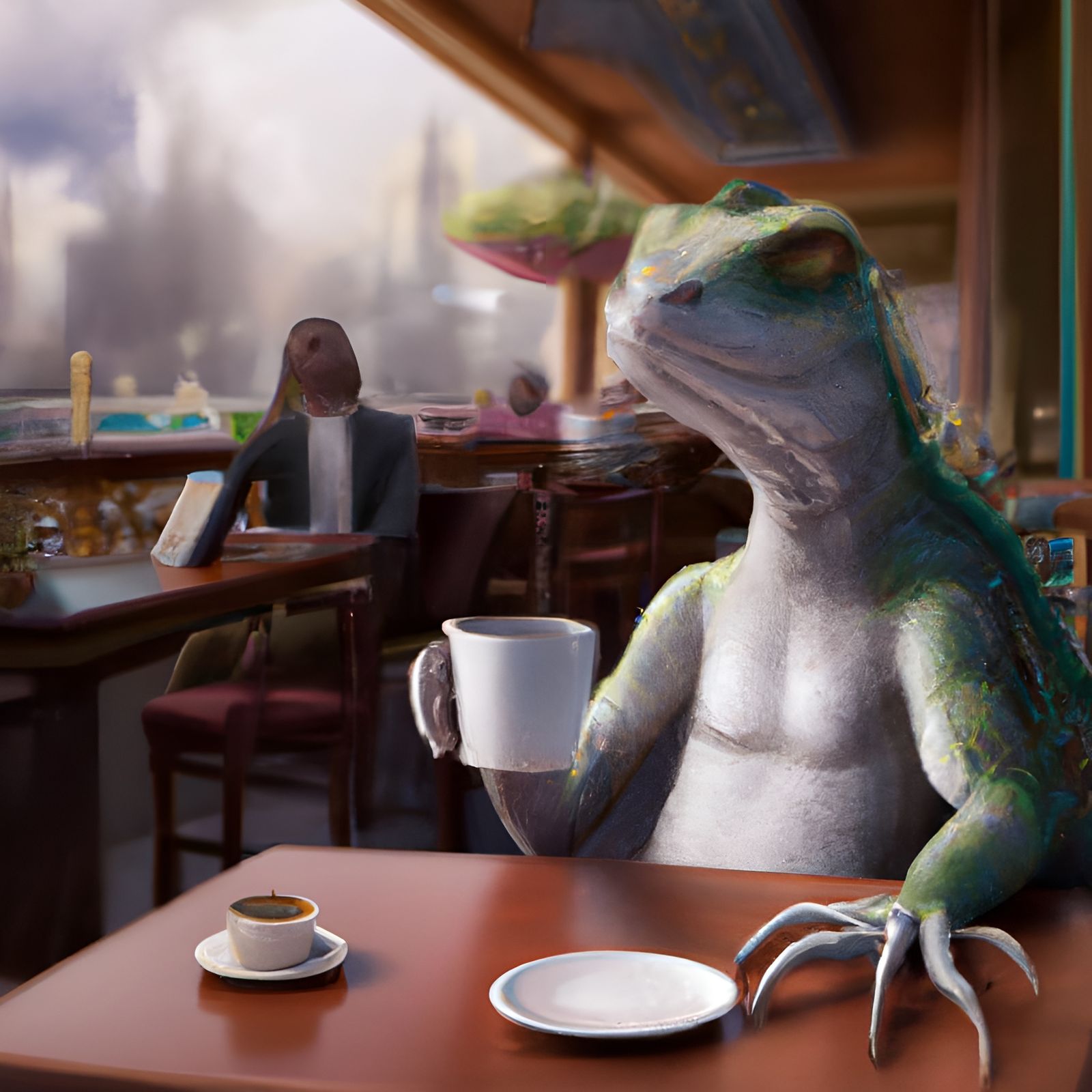 Lizard Person Sips Coffee in Fantasy Cafe