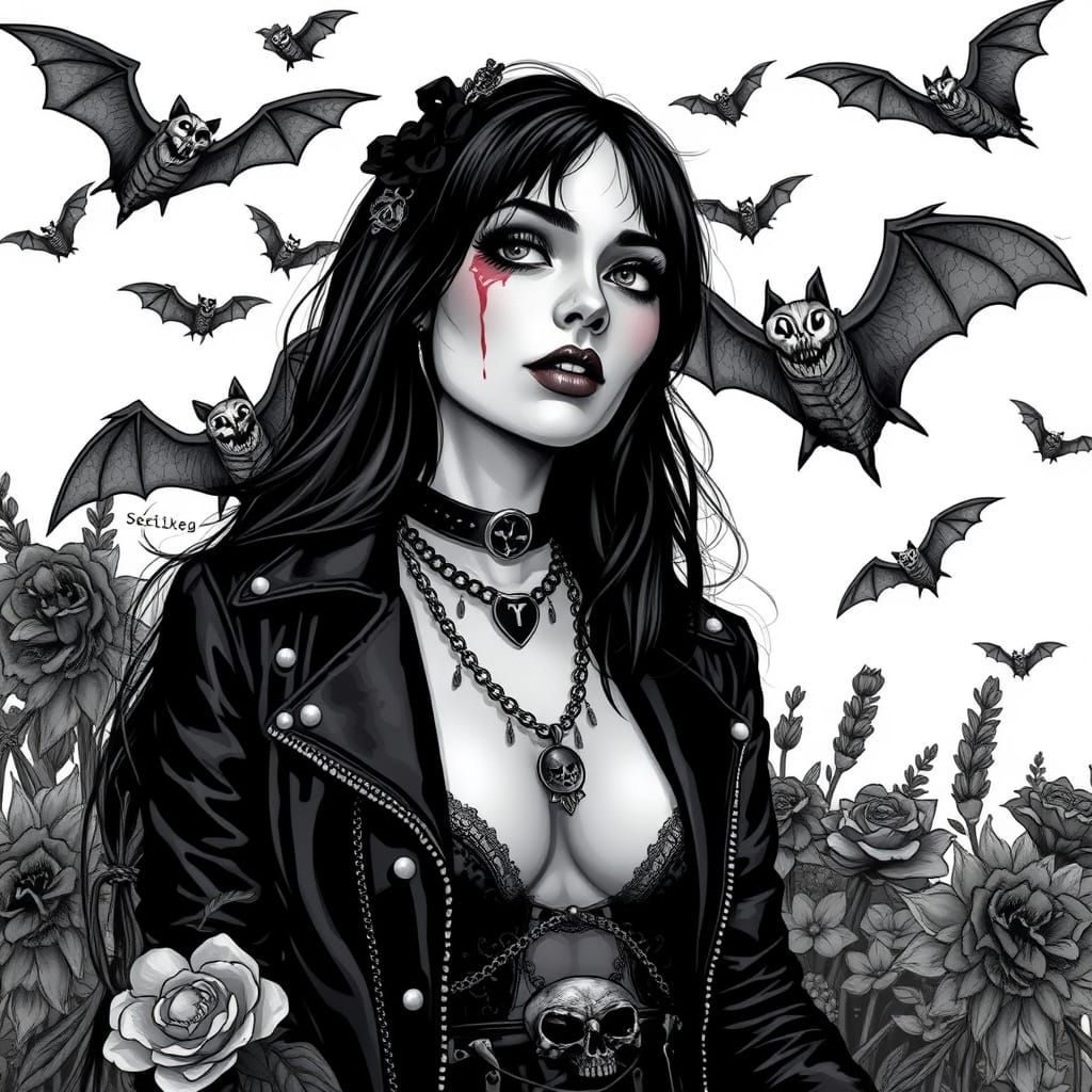 Gothic Woman in Black Leather with Bats and Skulls