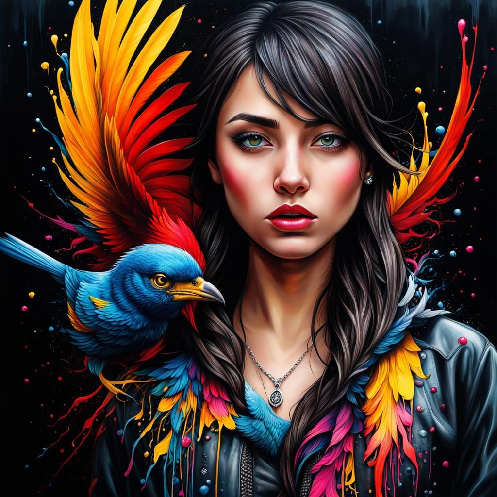 Vibrant Graffiti Bird Girl Amidst Splashing Colors