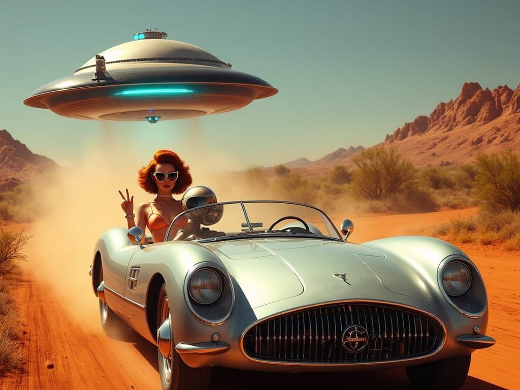 Retro Futuristic Road Trip Scene with Alien and Flying Sauce...