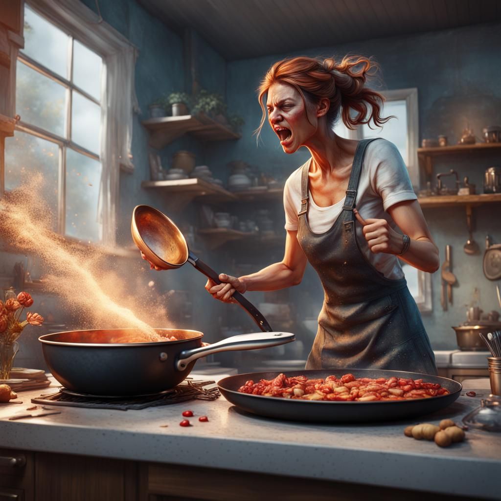 Fantastical Woman Wields Frying Pan in a Fiery Display