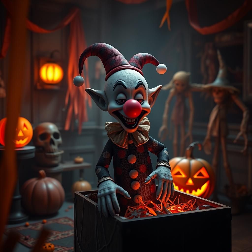 Surreal 3D Cartoon Clown Emerges from Dark Toy Box in Whimsi...