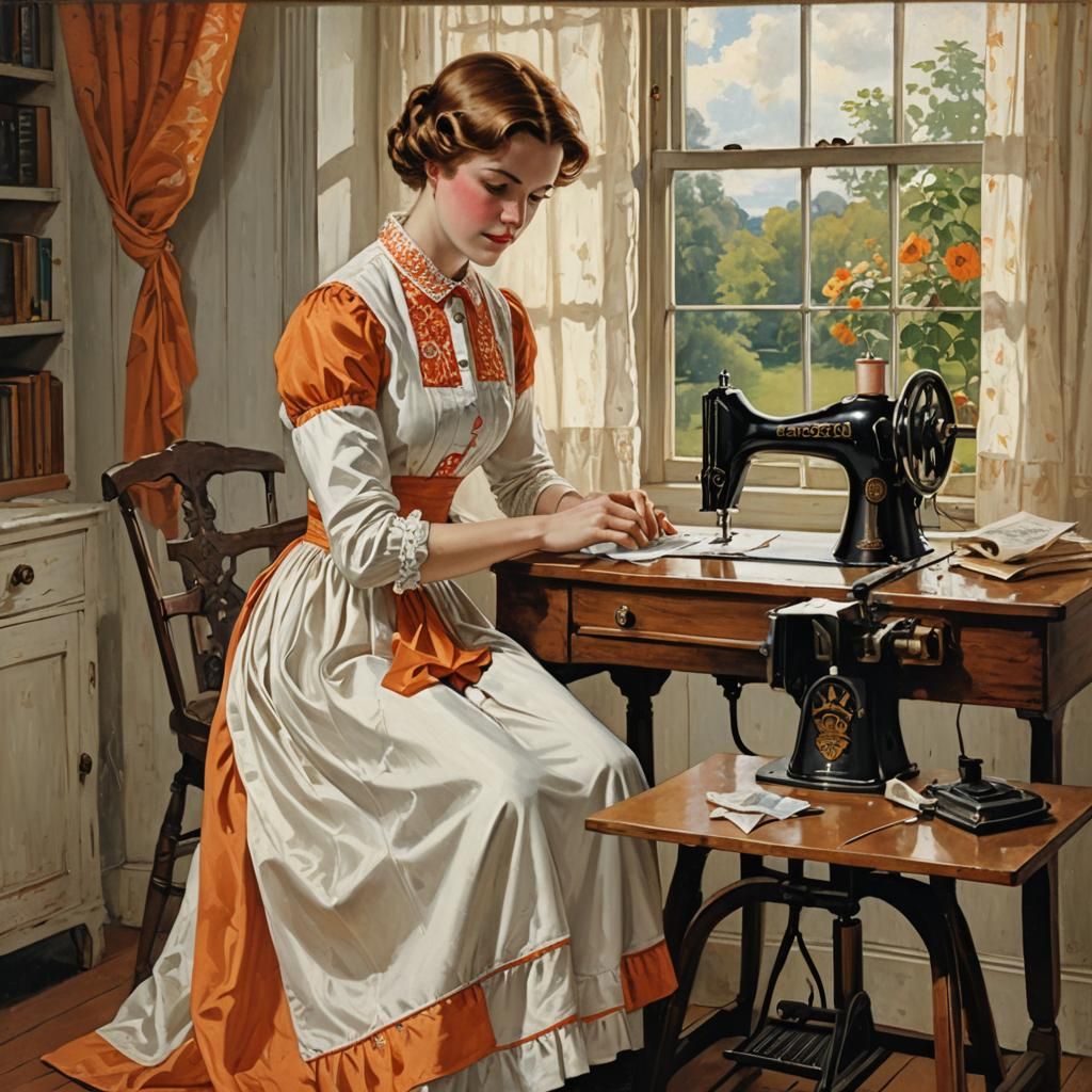 Vintage Woman Sewing with Classic Singer Sewing Machine in C...