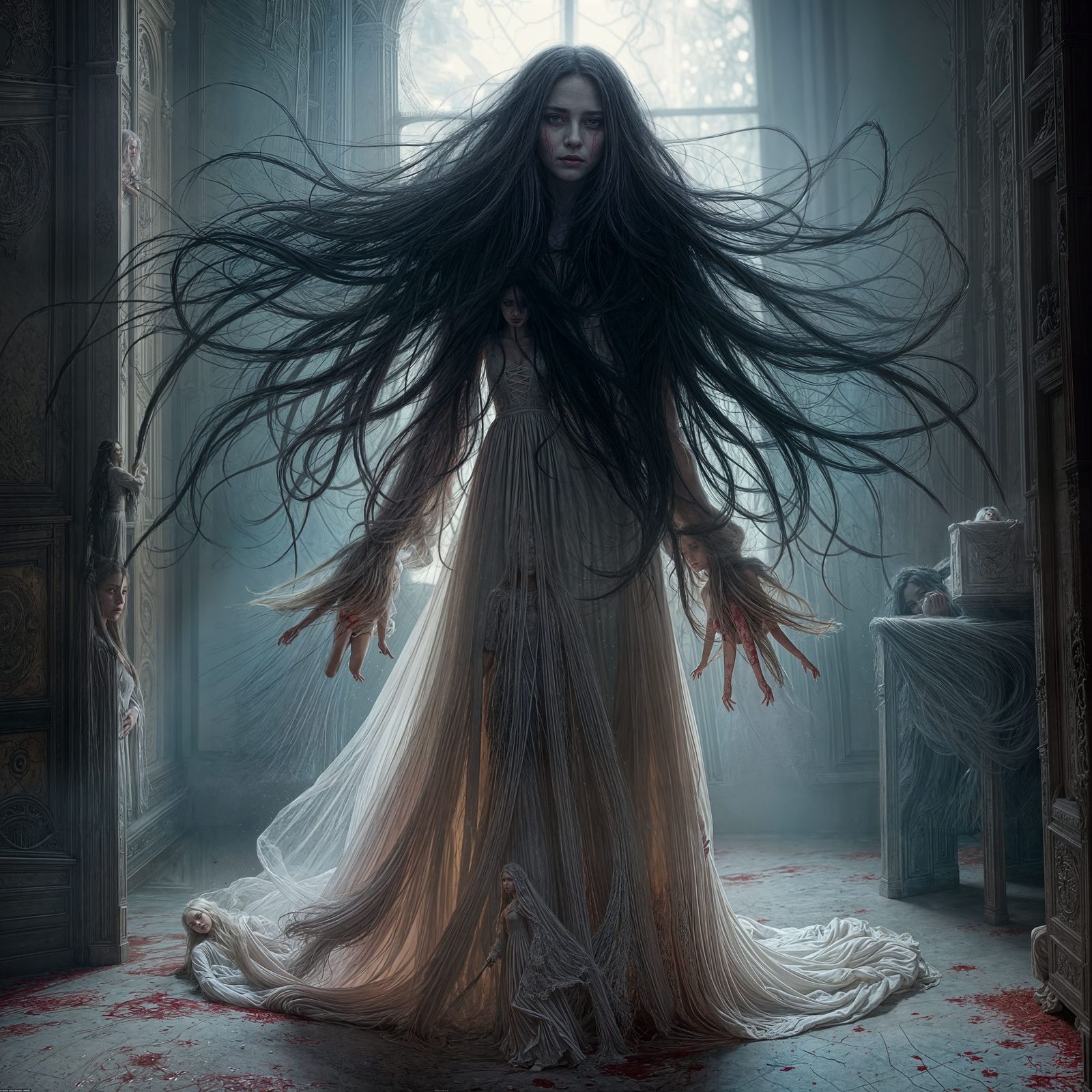 Surreal Ghost Woman in Bloodstained White Gown Sweeps Floors...