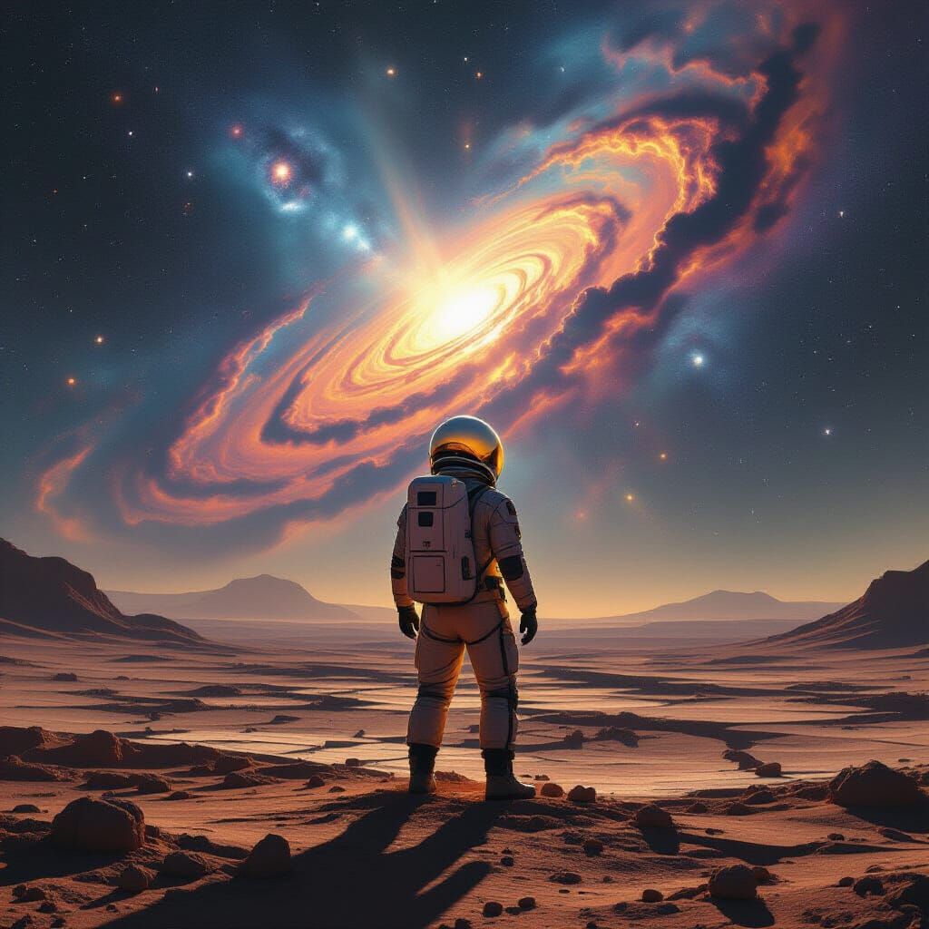 Astronaut on Alien Planet Reflecting Nebula