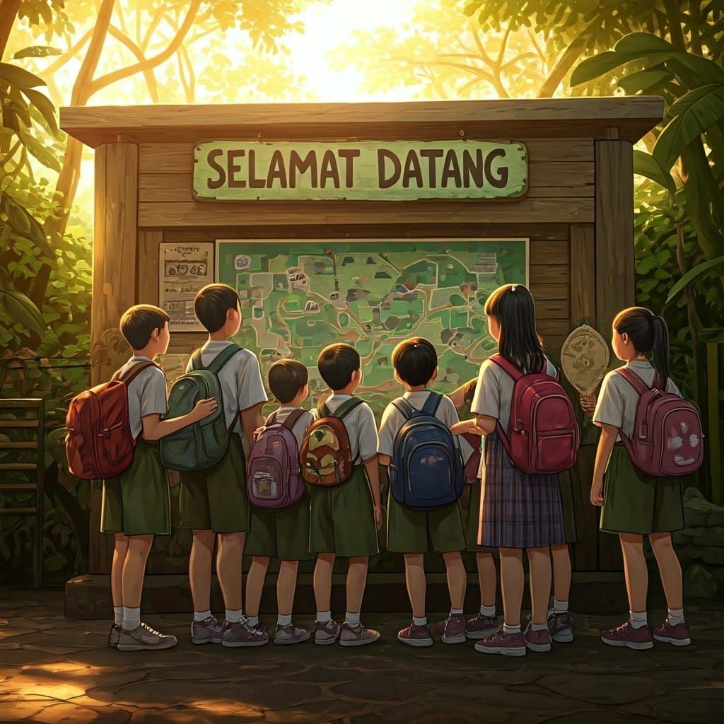 Excited Children Gather Around a Colorful Zoo Sign