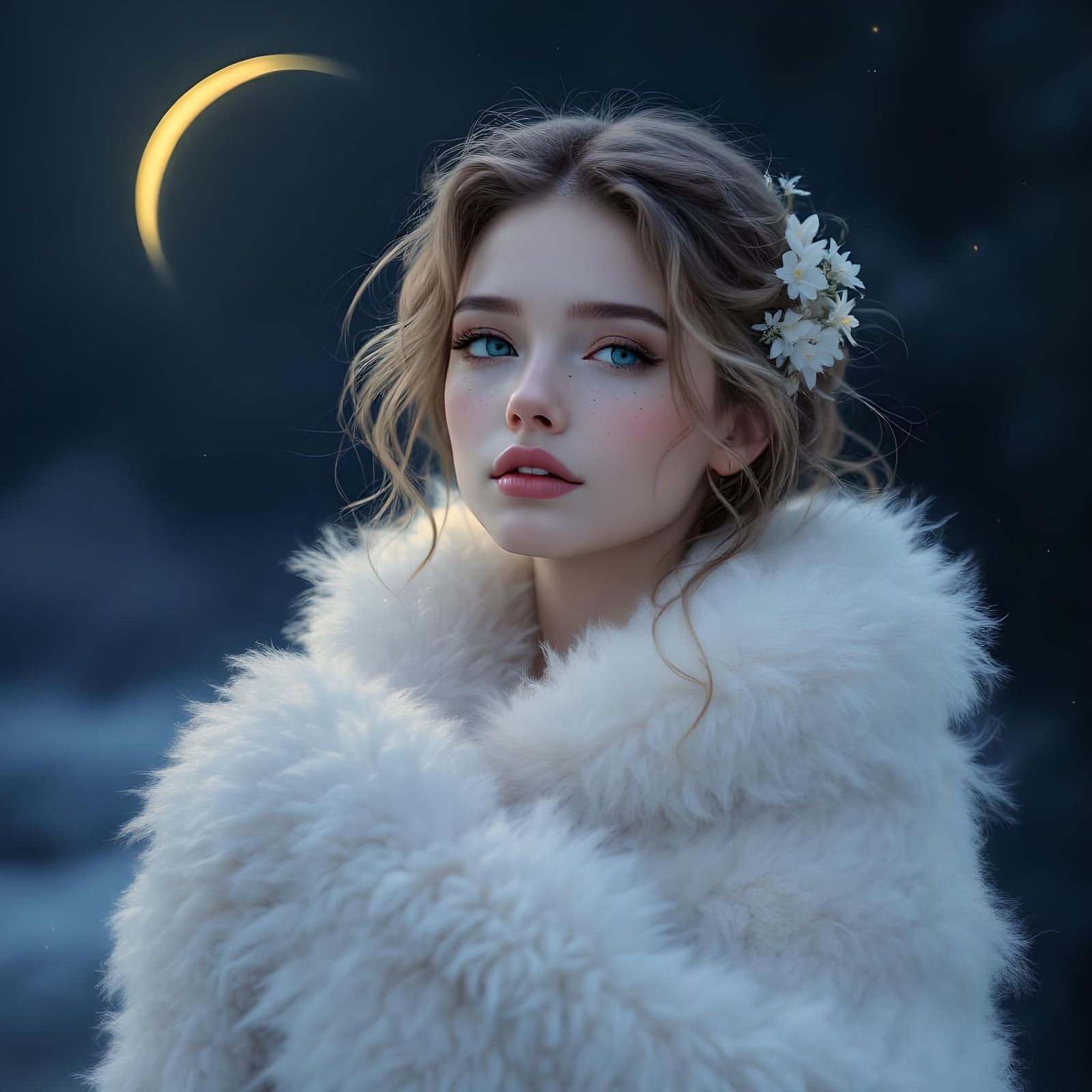 Under the Radiant Crescent Moon in a Hyperrealistic Digital...