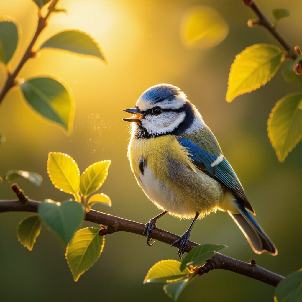 Blue Tit Bird Perched on Sunlit Branch