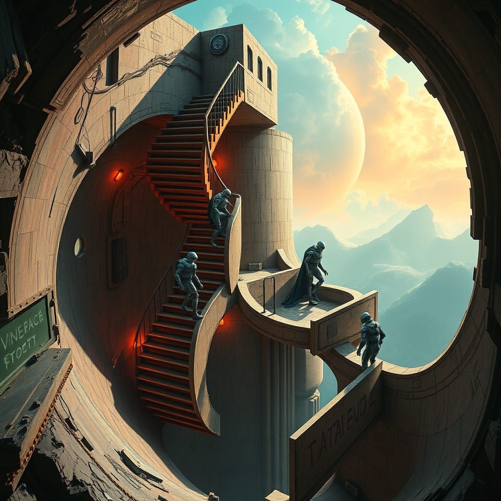 Robots on an Escher-Inspired Infinite Staircase