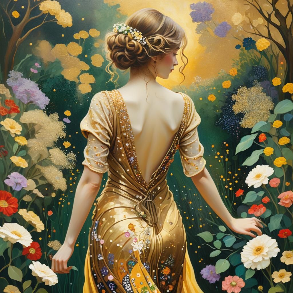 Golden Goddess in an Enchanted Garden: Post-Impressionist Ma...