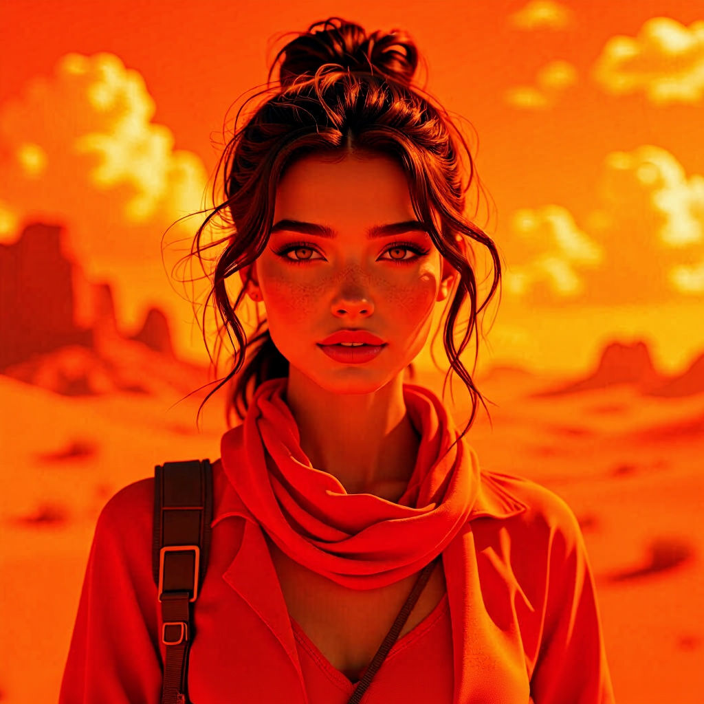 Young Woman in Orange Landscape: Fantastical Matte Painting