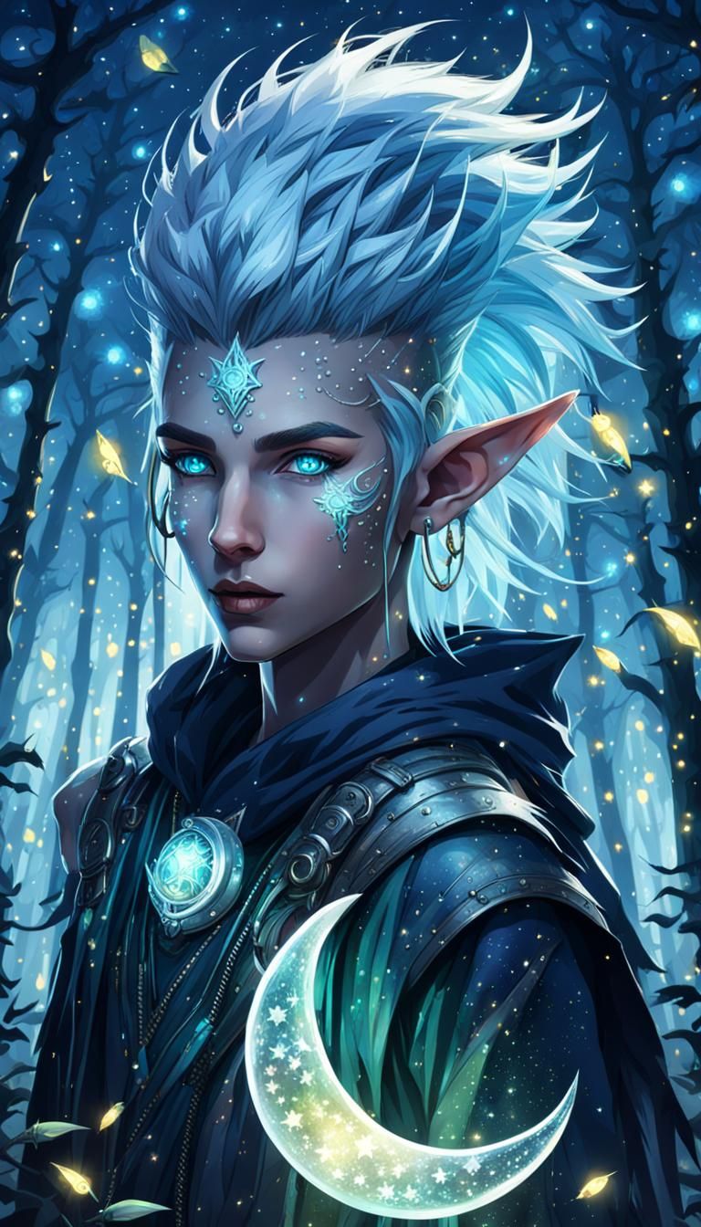 Cyberpunk Elf Under Starry Night Sky