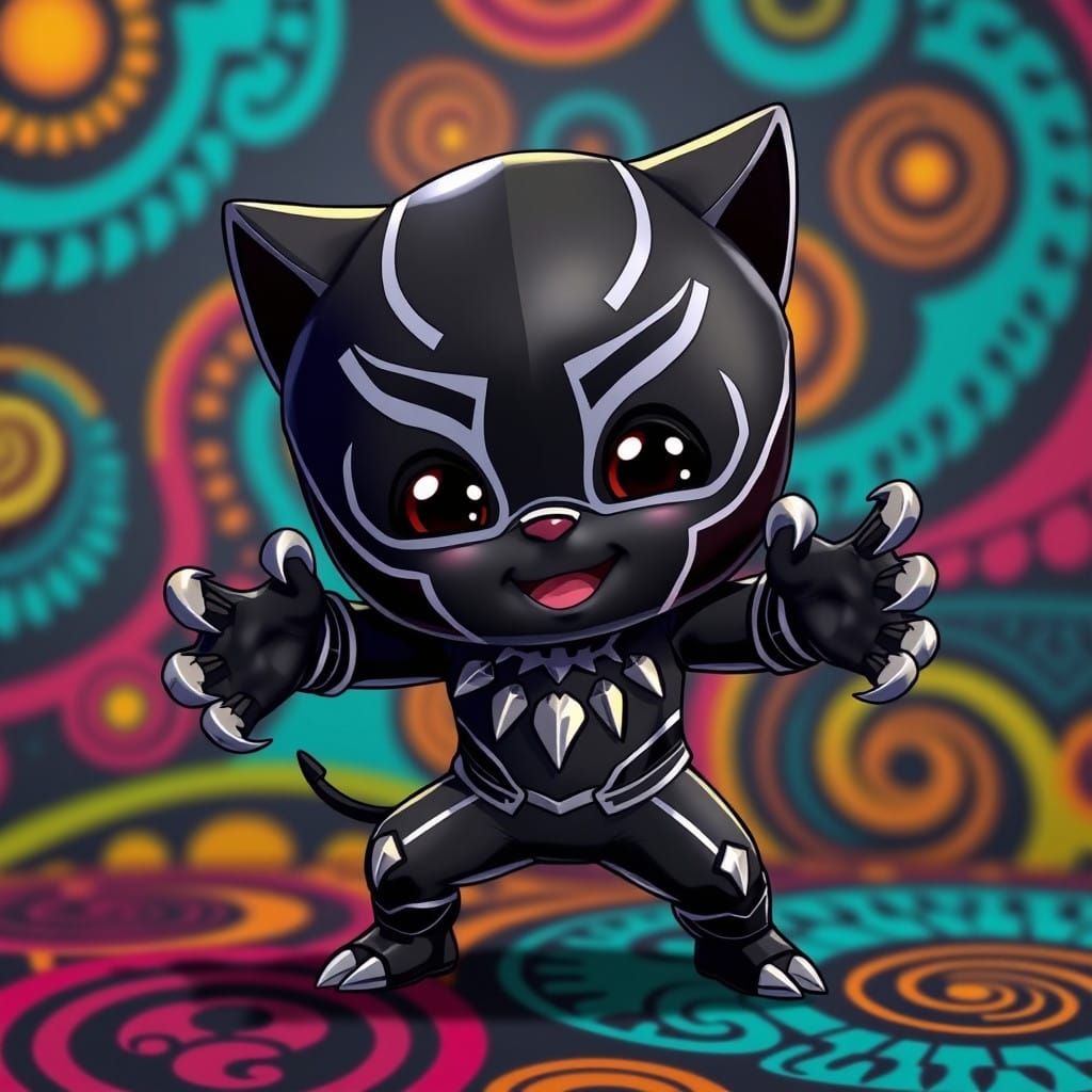 Chubby Black Panther Cub in Vibrant African Textiles