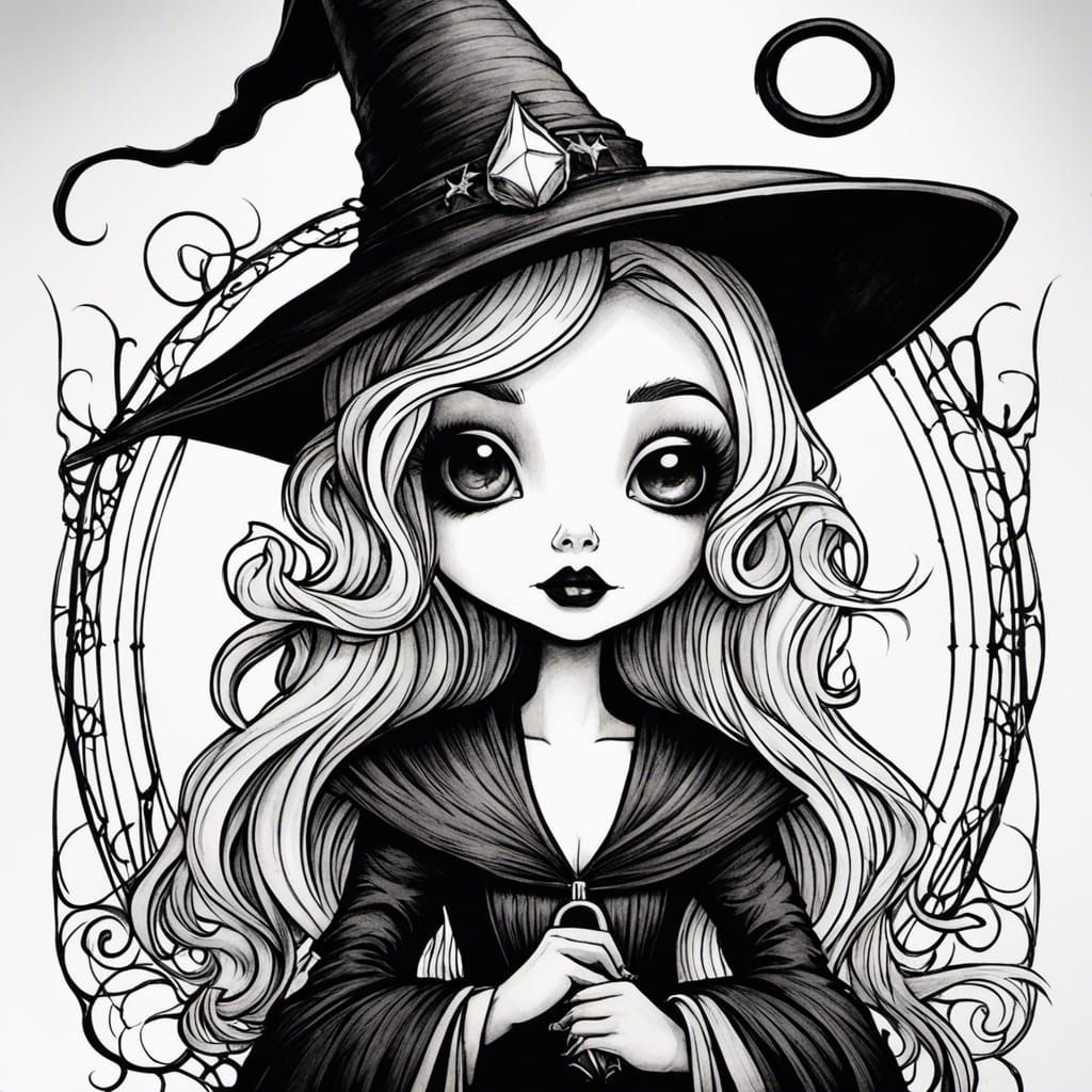 Surreal Black and White Ink Witch by Tim Burton Influenced S...