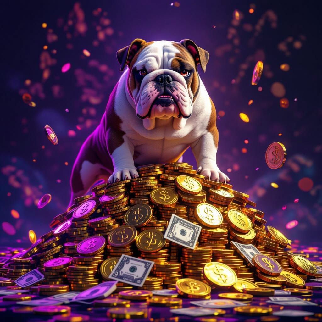 Dangerous English Bulldog Guarding Gold Coins
