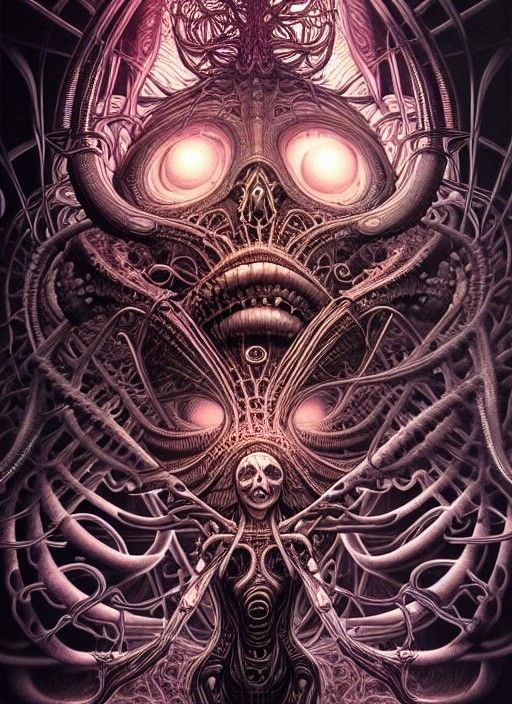 "    psychedelic version of  hell and crazy mushrooms   " Artgerm, HR Giger, Dan Mumford,; Beautiful Techincal Biomechan...