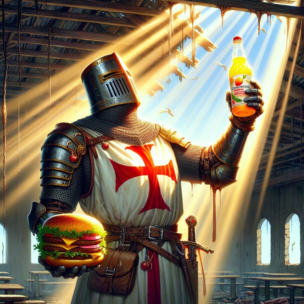 Epic Crusader Templar Knight Savoring Refreshment in a Post-...