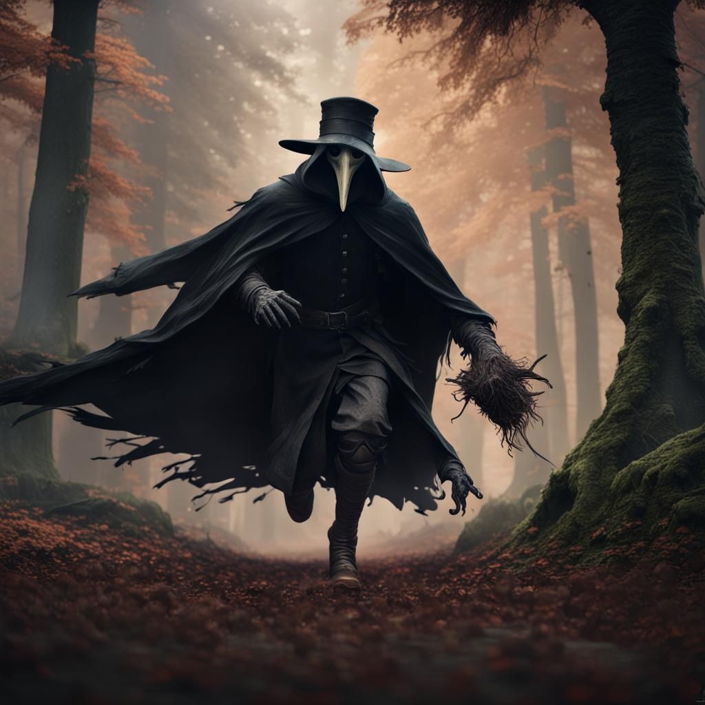 Fantastical Plague Doctor Flees Mysterious Black Beast in a....
