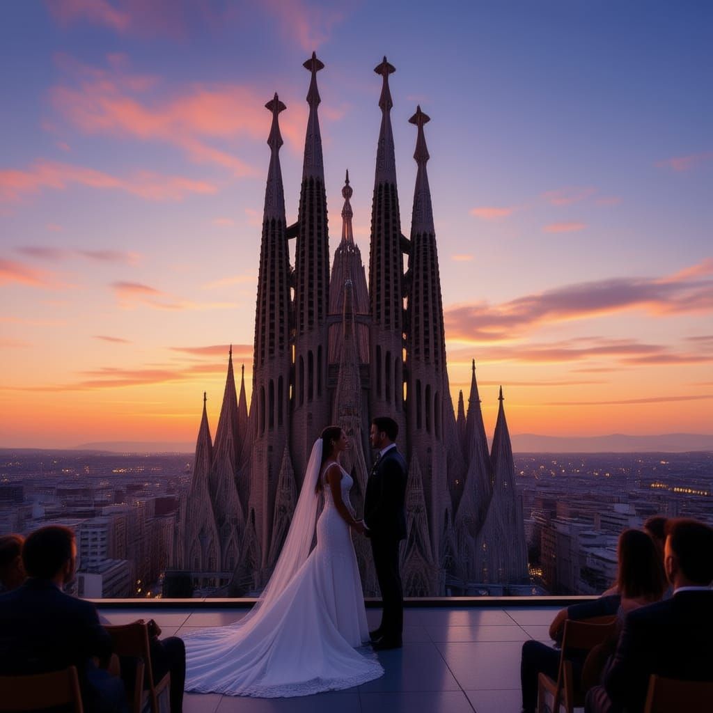 Wedding on Skyscraper Rooftop Overlooking Sagrada Familia