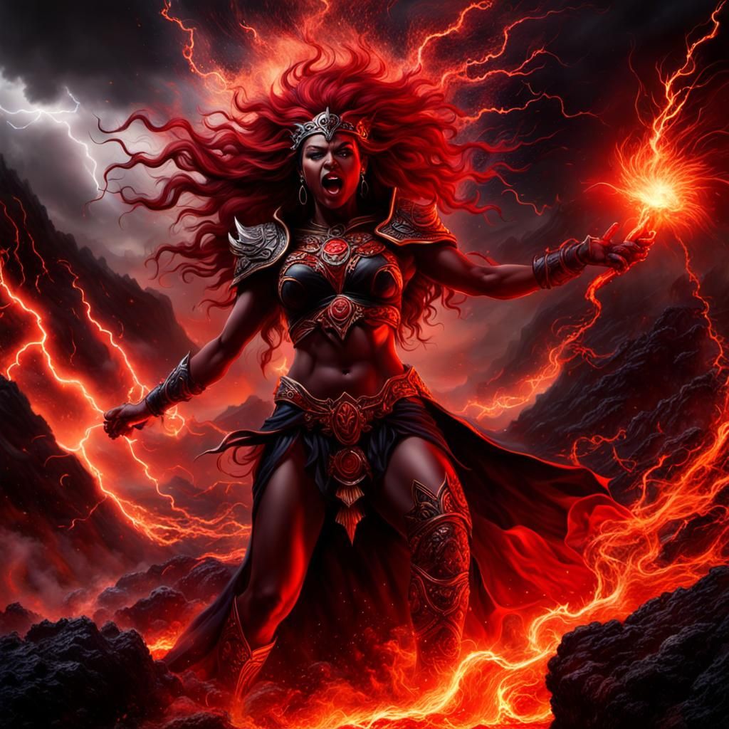 Goddess of Fury Unleashes Her Wrath in a Volcanic Landscape