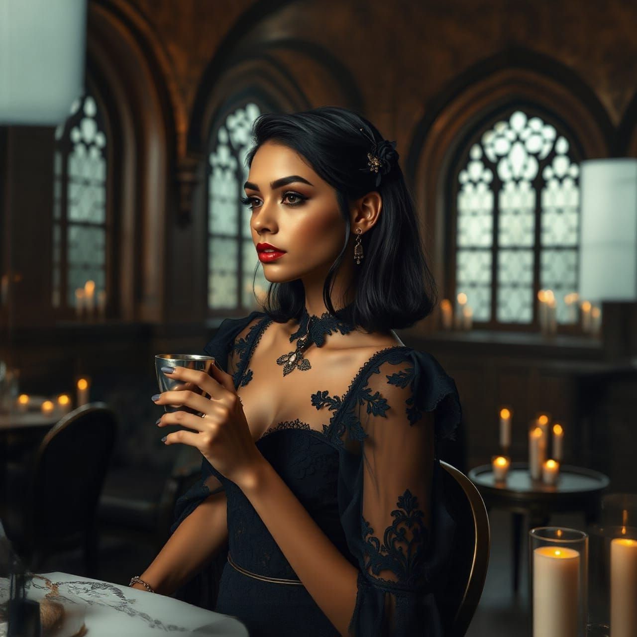 Victorian Woman with Silver Cup in Gothic Setting