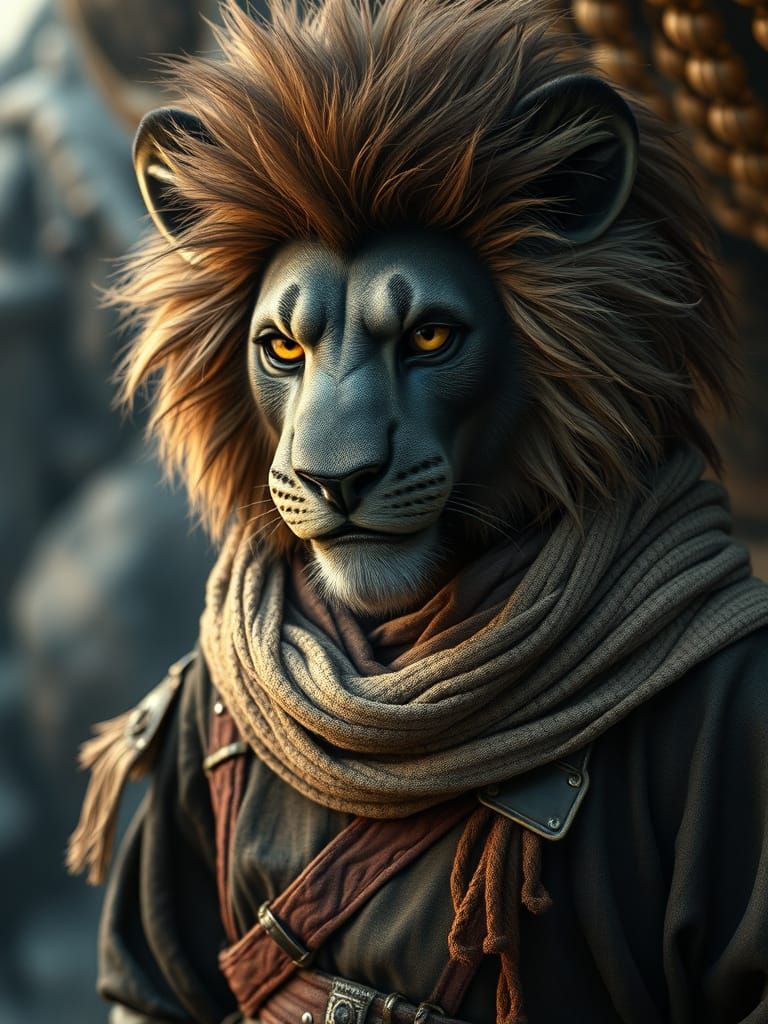 Epic Leonin in Handmade Attire, Cinematic Fantasy Art
