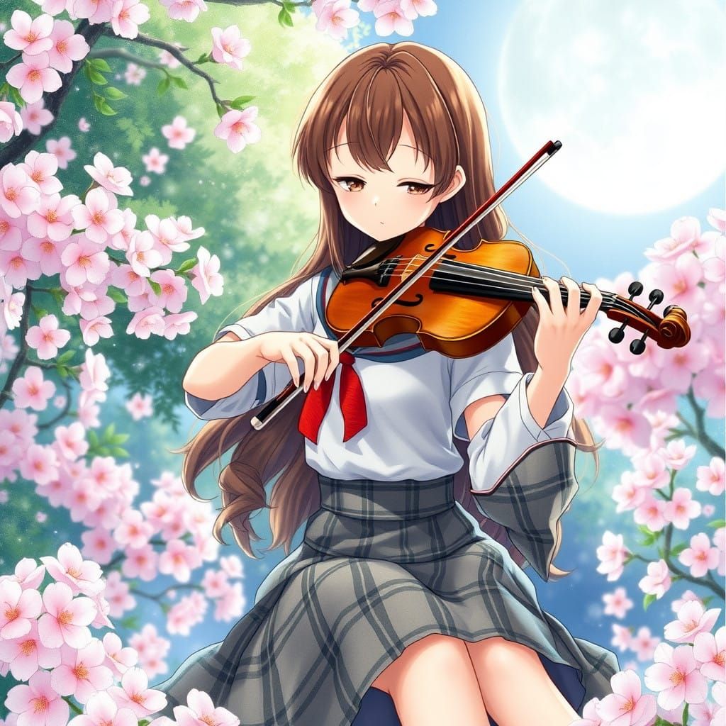 Anime Girl in Moonlit Garden Plays Violin with Passion