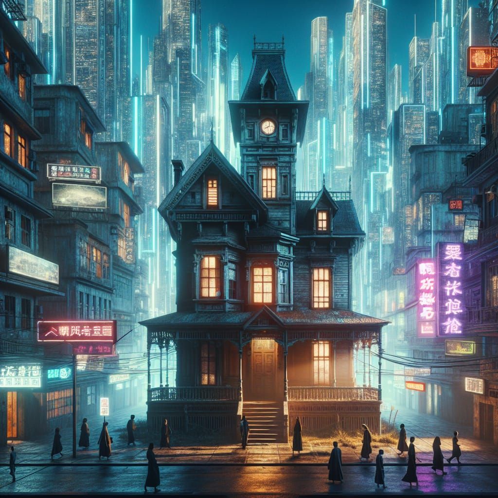 Forgotten Victorian Mansion Amidst Cyberpunk Skyscrapers