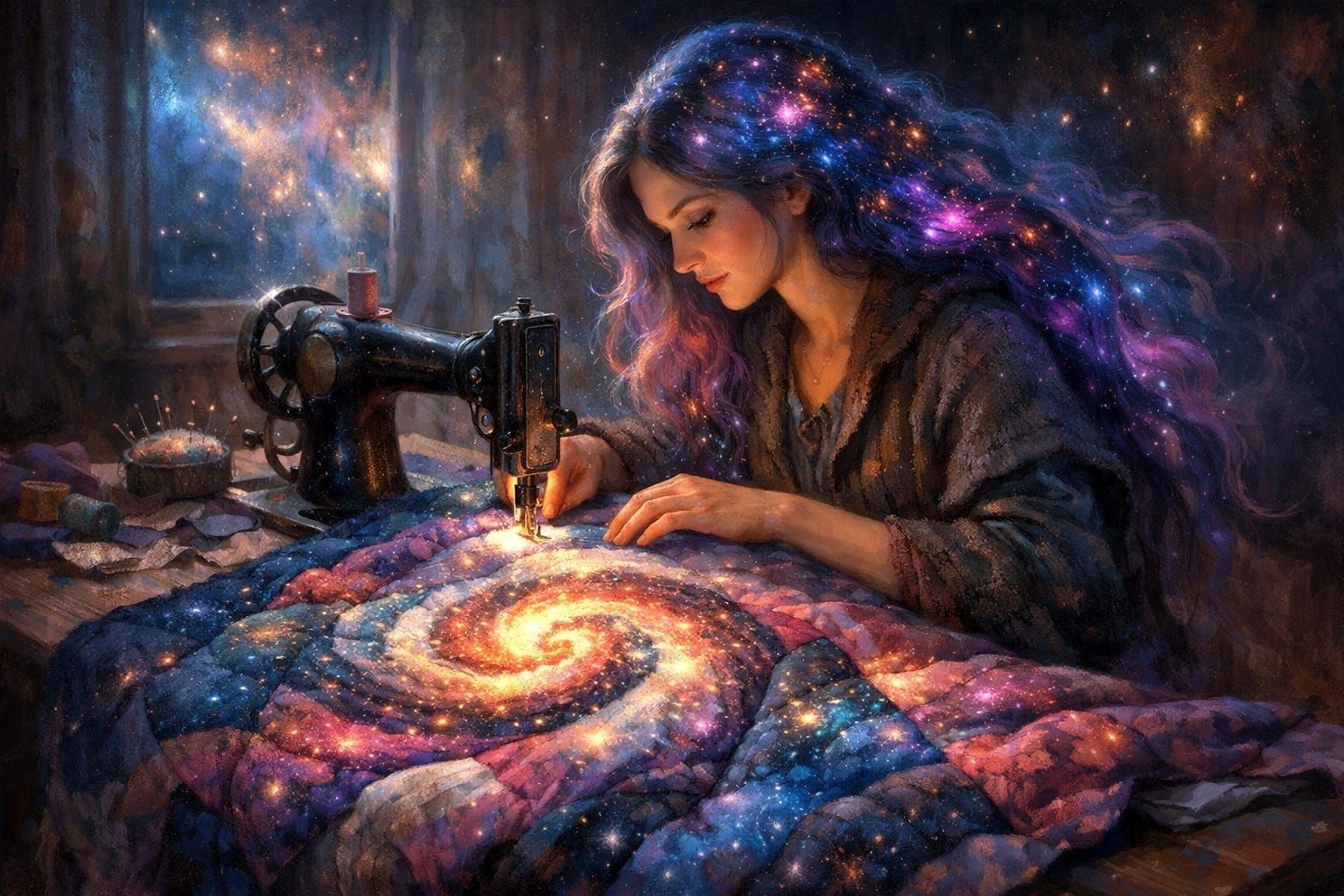 Woman Quilting a Starry Galaxy in Surreal Style
