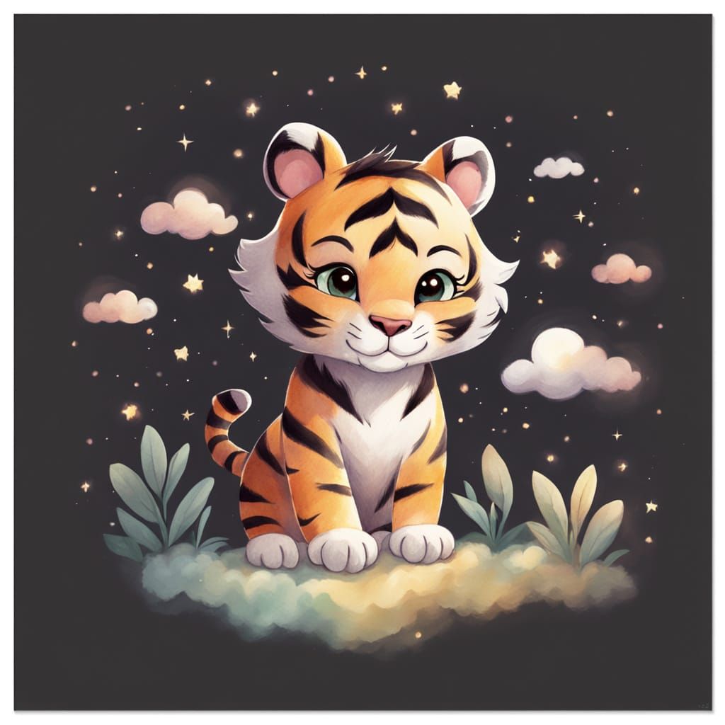 Chibi Tiger in Dreamy Pastel Watercolor