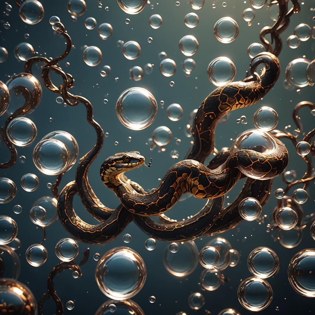 Ethereal Snake in Levitating Water Orbs, in Fantastical Art