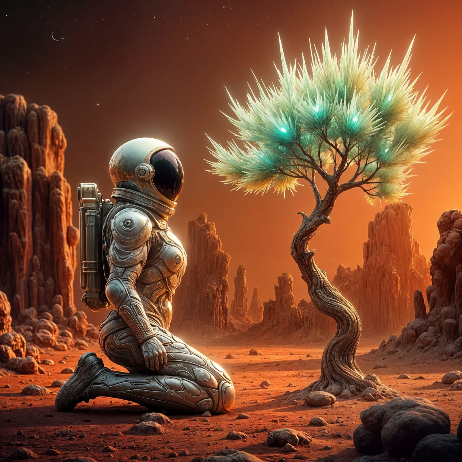 Surreal Martian Oasis in Glowing Bioluminescent Tree