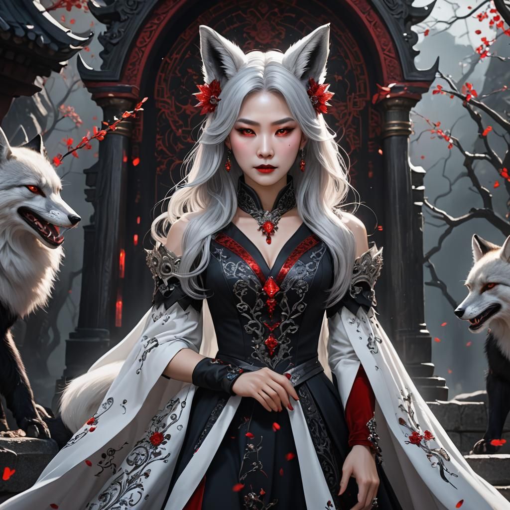 Vampire Queen in Elegant Black Attire with Red Crystals