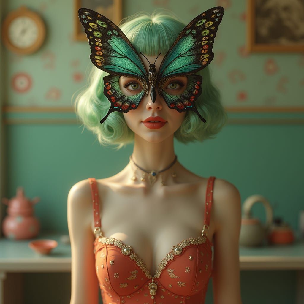 Green-Haired Woman with Butterfly Mask in Pop Surrealism
