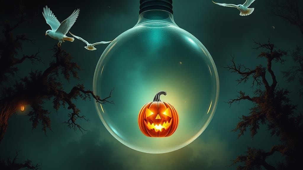 Surreal Glass Lightbulb Imagination in Dark, Mystical Midnig...