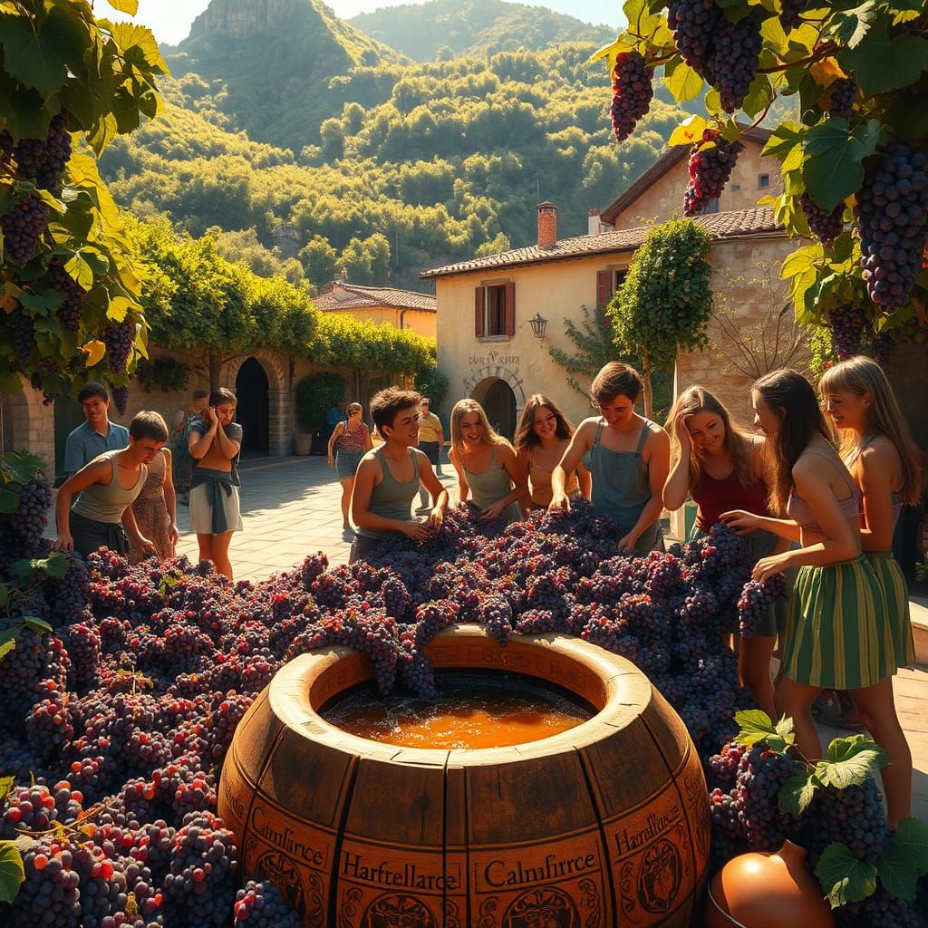 Vibrant Village Scene with Grapes and Wine Making