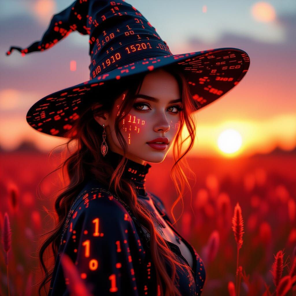 Stunning Witch with Glowing Digital Skin in Fiery Field