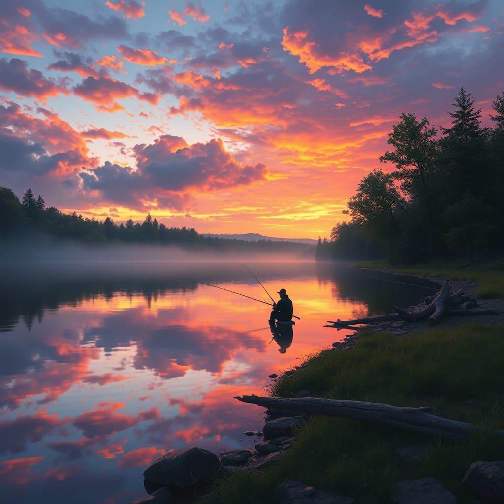 Twilight Fishing Scene with Sky Reflection