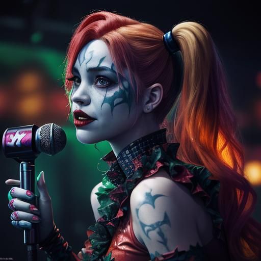Harley Quinn Sings to Poison Ivy in a Vibrant Karaoke Bar