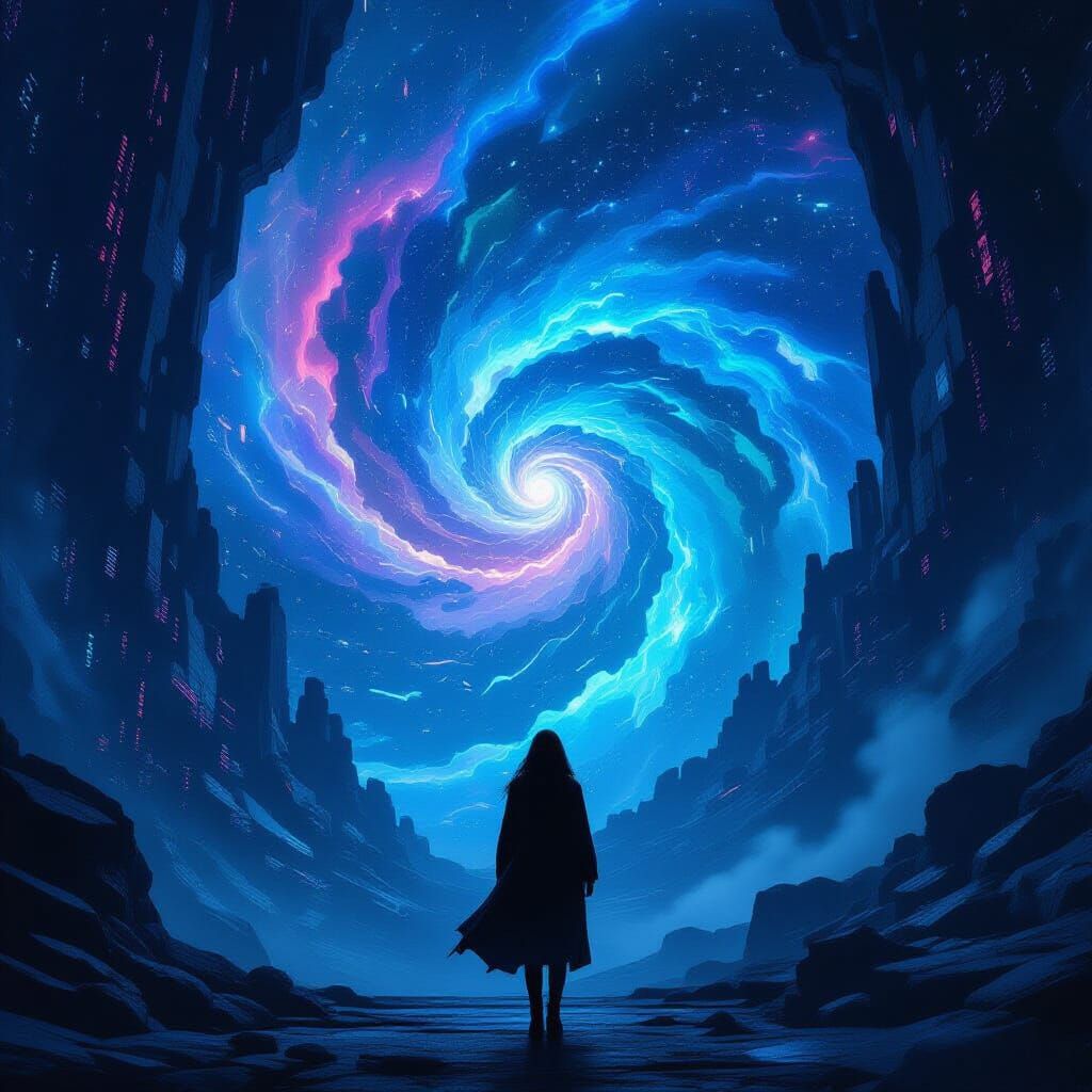 Woman at Digital Abyss Precipice, Cyberpunk Fantasy Style