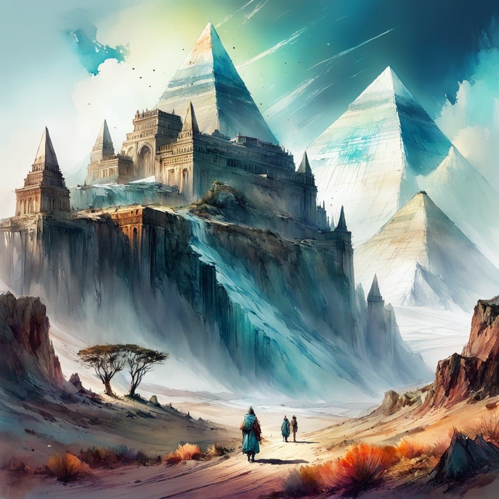 Polar Bears Wander Desert Pyramids: Digital Watercolor