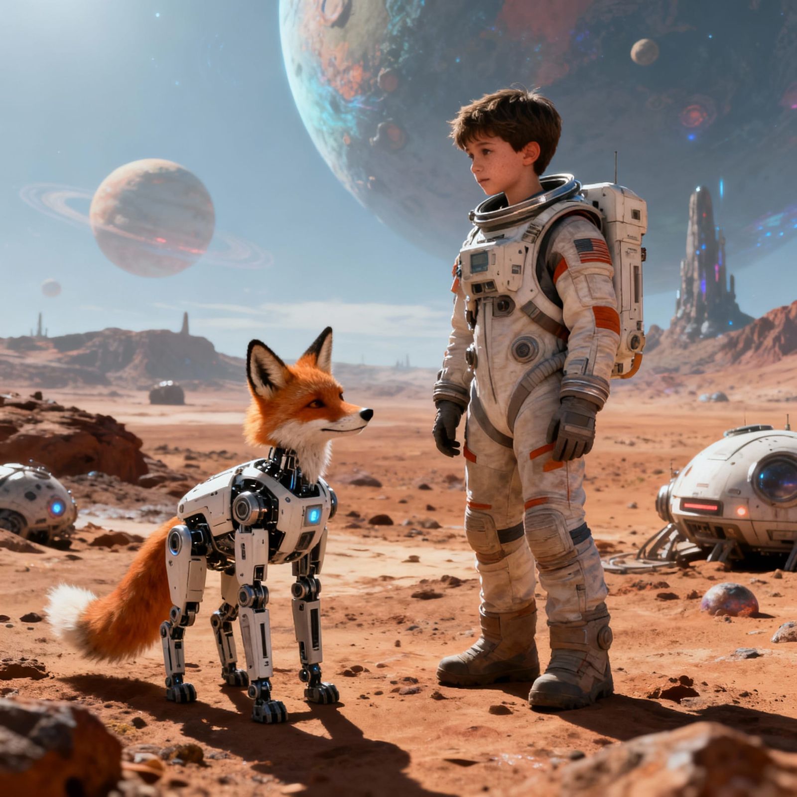 Astronaut Boy and Robotic Fox on Alien Planet