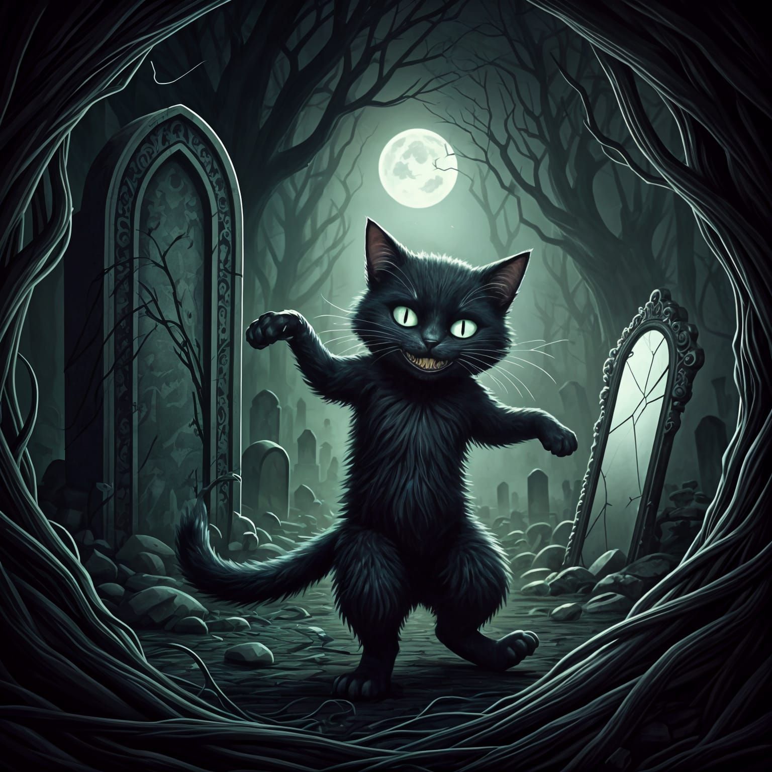 Mysterious Black Cat Dances Under Sinister Moon