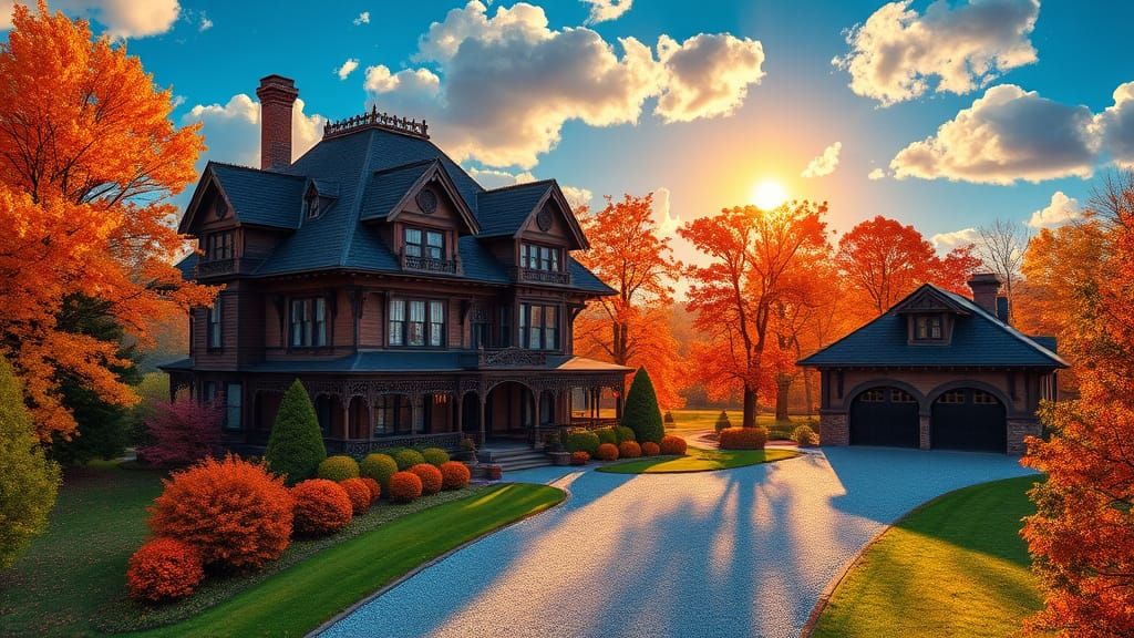 Ethereal Victorian Estate Amidst Vibrant, Sun-Kissed Landsca...
