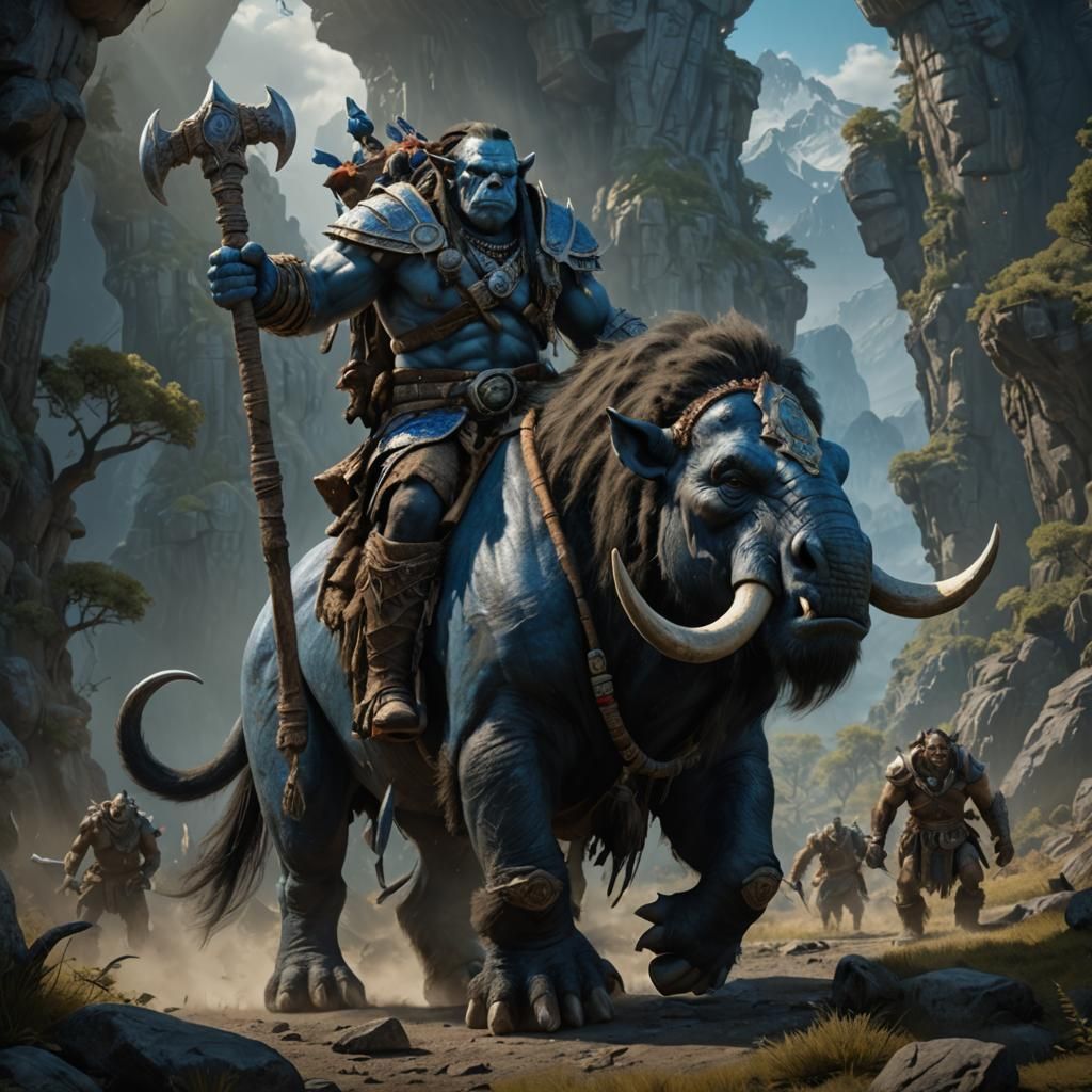 Blue Orc Warrior Rides Majestic Mammoth in Hyper-Realistic D...