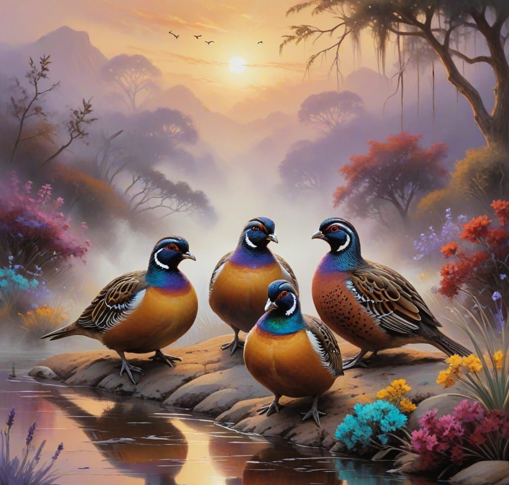 California Quails in Abstract Foggy Landscape